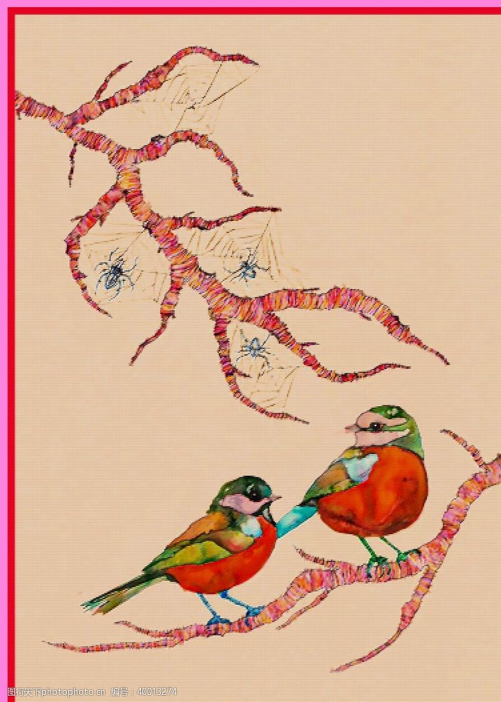 彩绘绿色树叶两鸟图片