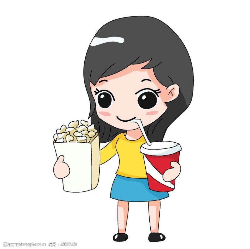 米包装拿爆米花可乐的女孩插画图片