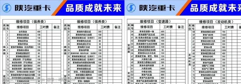 表格陕汽重卡修理保养价格公示牌图片