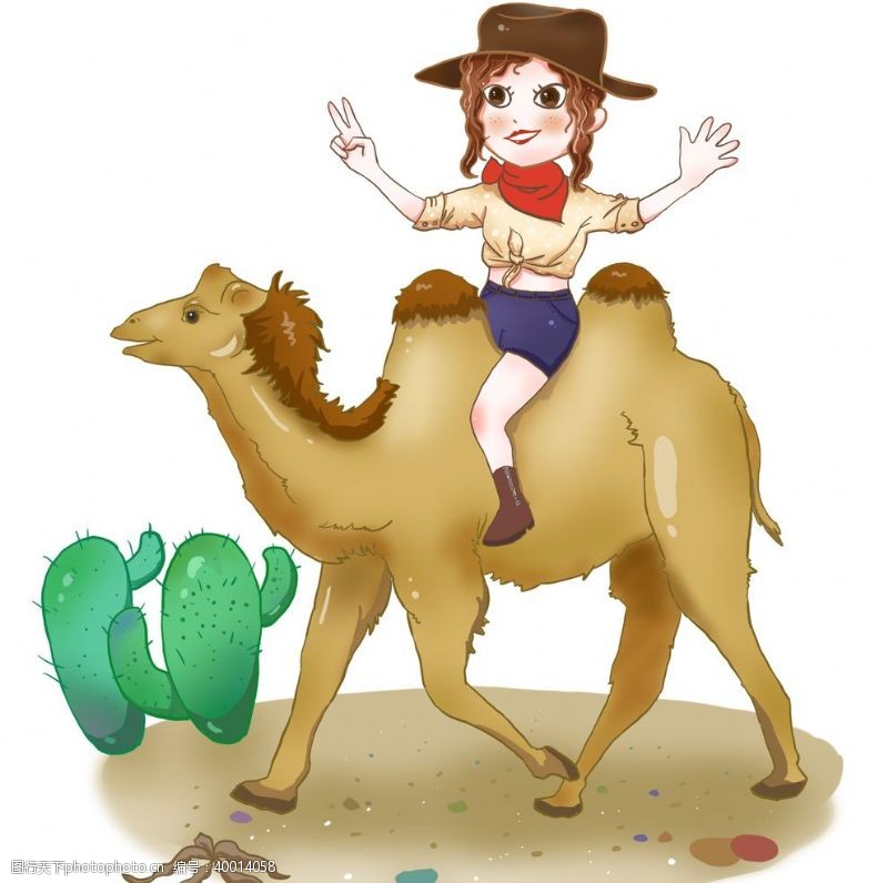 彩绸小清新手绘沙漠骆驼与牛仔美女图片