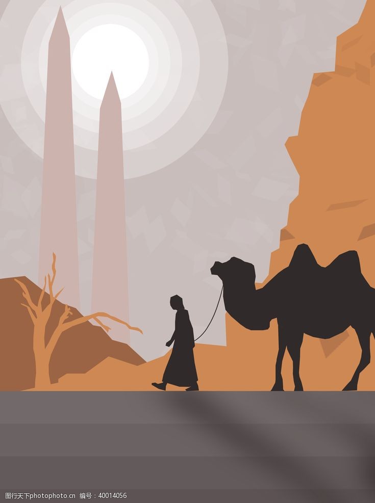 抽象油画夕阳下拉骆驼的人图片