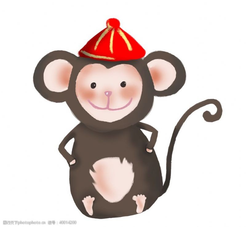 卡通香蕉戴帽子的小猴子插画图片