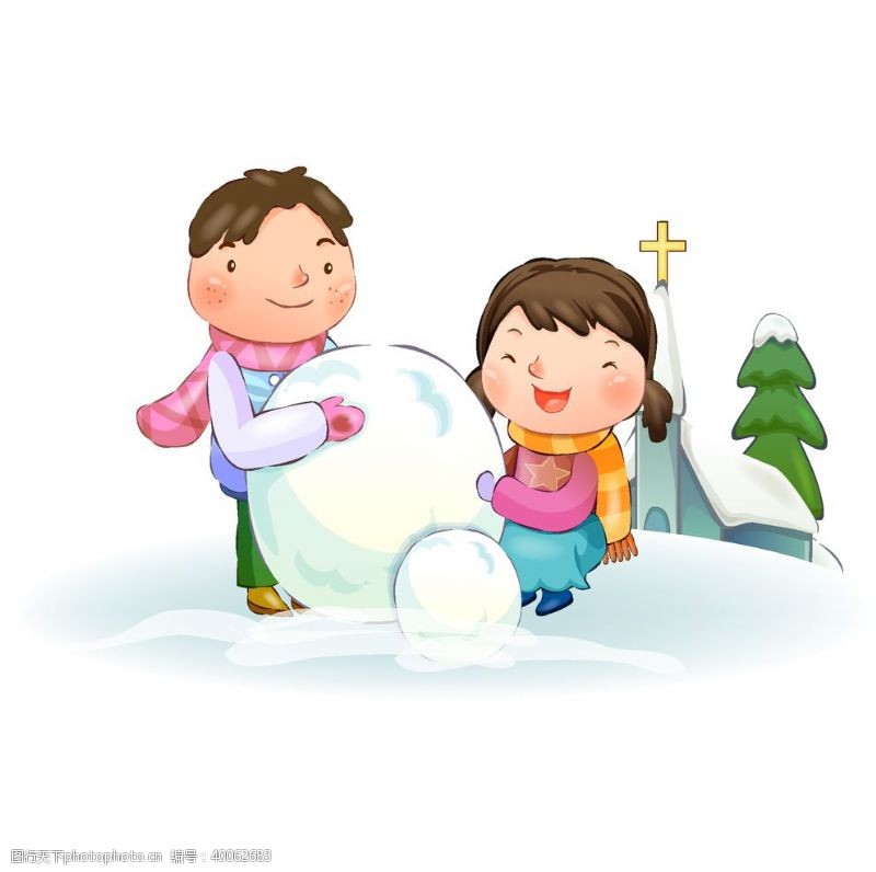 绘画冬季堆雪人的孩子图片