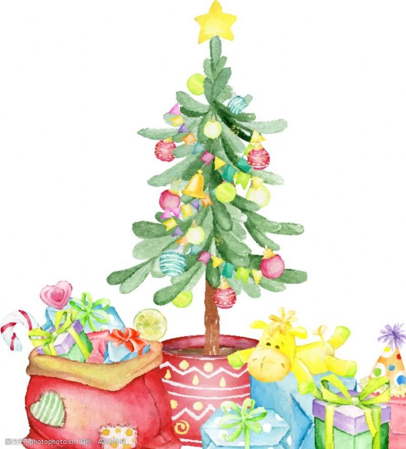 水果插画礼物盒与圣诞树图片