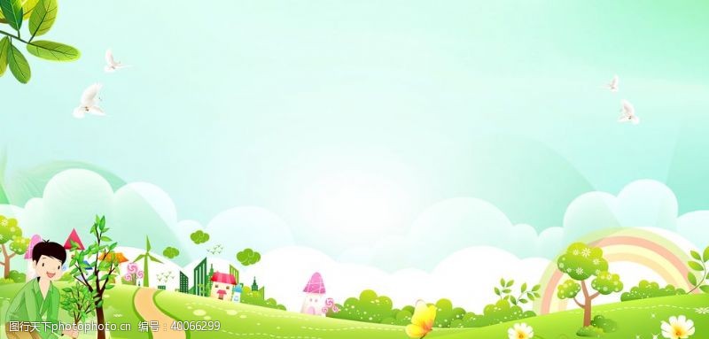 卡通彩虹植树节蓝天白云背景图片