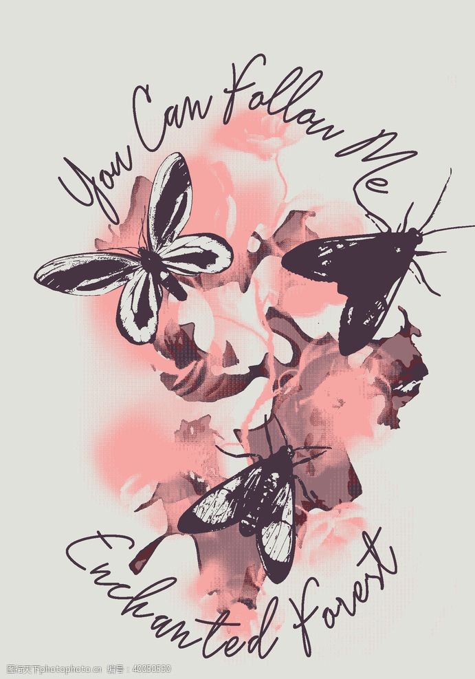 时尚彩绘蝴蝶昆虫T恤图案排版设计图片