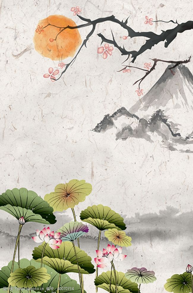 金色飘带中国风水墨古典装饰画图片