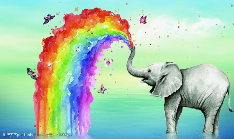 墙体彩绘大象水中喷绘彩虹蝴蝶装饰背景图图片