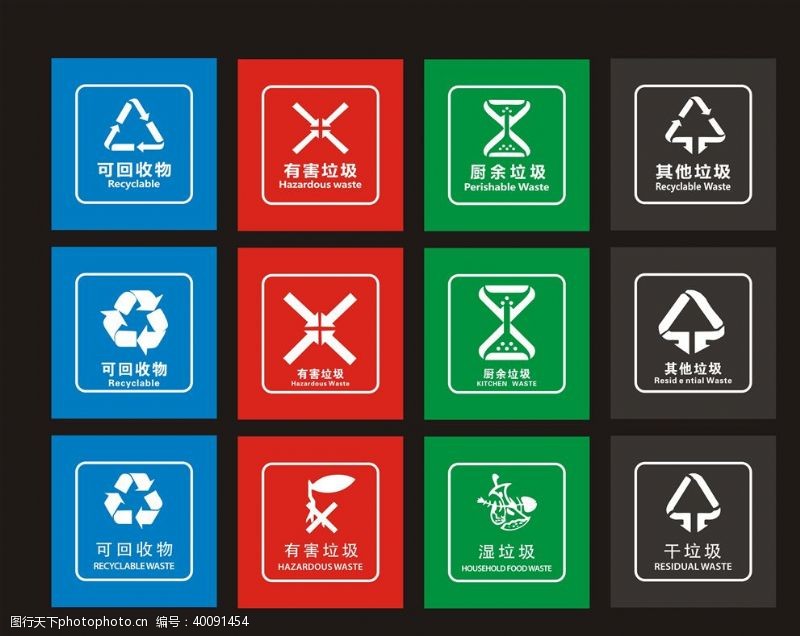 农村生活垃圾分类四色图标图片