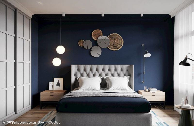 卧室背景墙深蓝色背景卧室图片