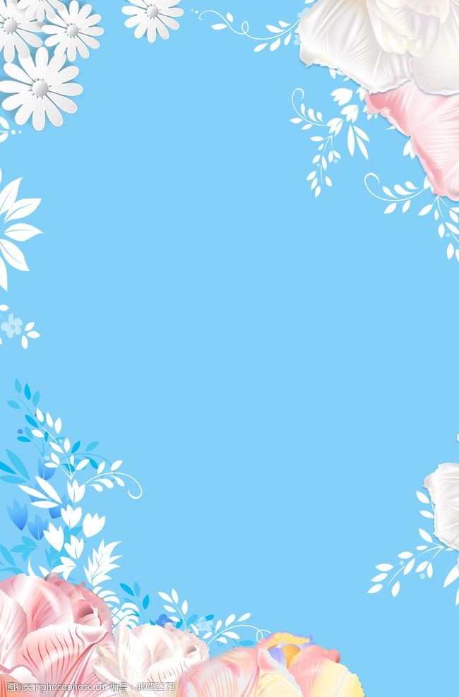 蓝色叶子小清新水彩花背景图图片