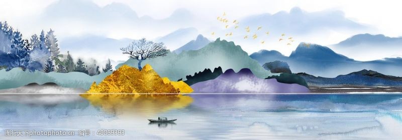 三联新中式写意山水装饰画图片
