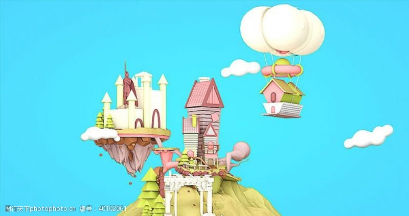 c4dC4D模型移动城堡热气球房子图片