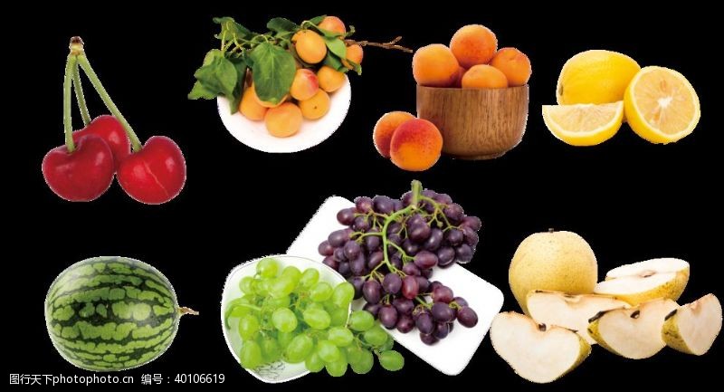 绿色食品底色免抠各种水果高清西瓜樱桃杏橘子图片