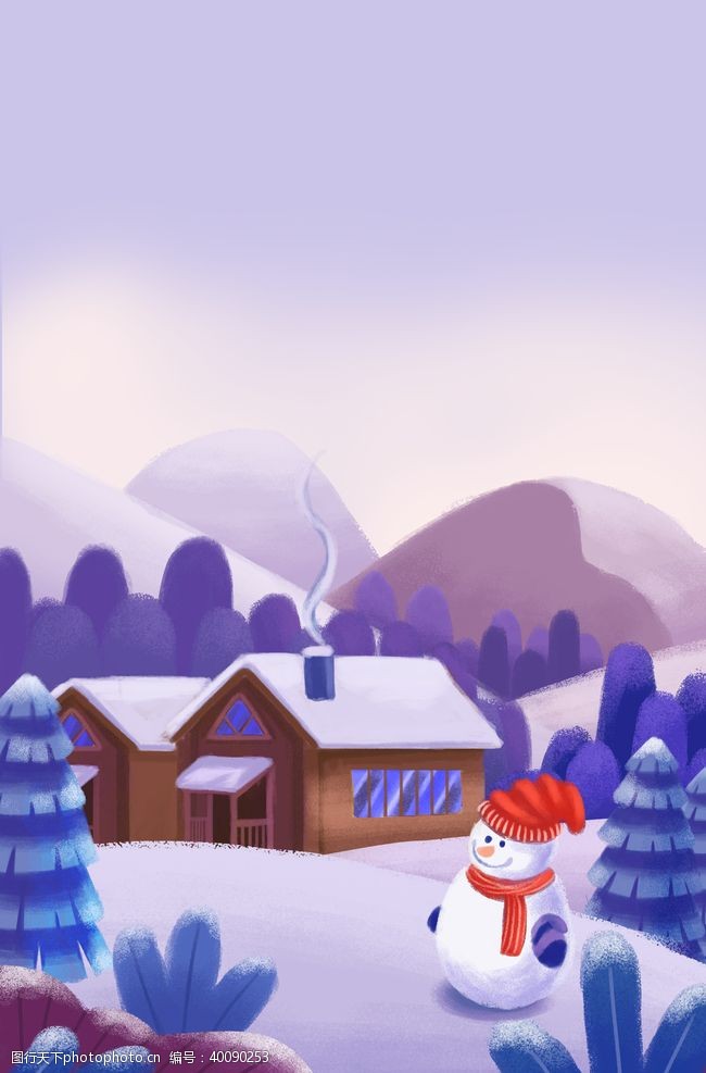 圣诞小屋手绘圣诞节冬季山林小屋雪人雪景图片