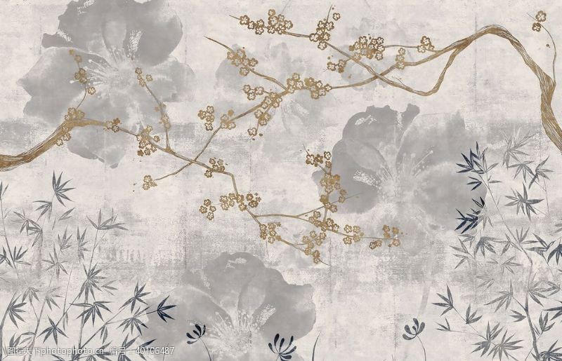 条纹新中式手绘梅花工笔画油画壁纸图片