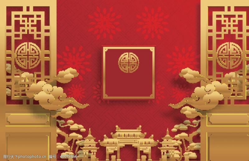 红色花纹中式婚礼背景图片