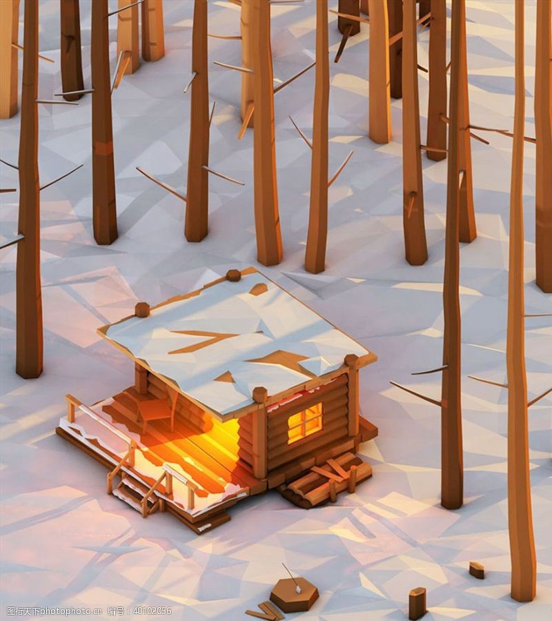 树林雪地C4D模型林中雪屋小木屋图片
