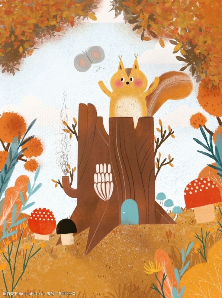 香菇森林松鼠插画图片