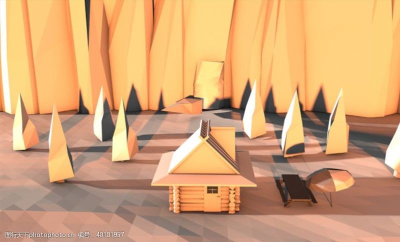 建模渲染C4D模型山中小木屋房子图片