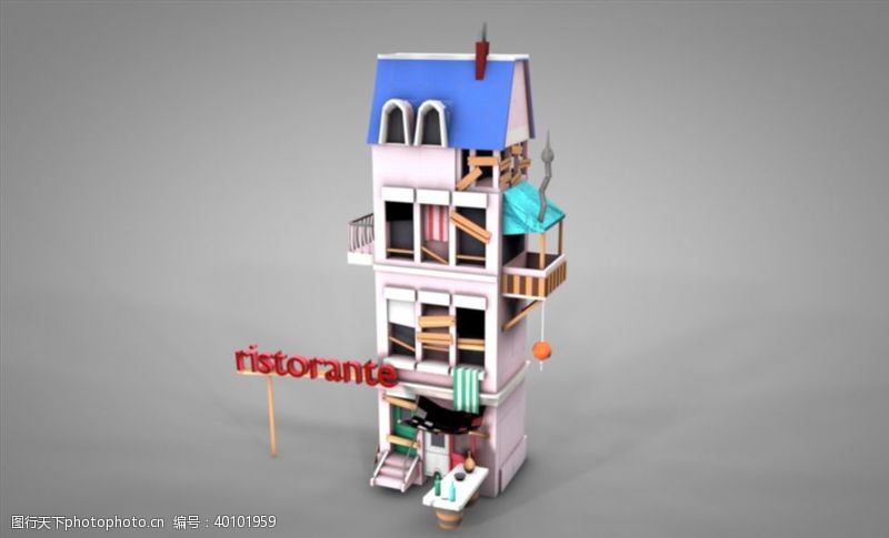 建模渲染C4D模型小楼房房子木头建筑图片