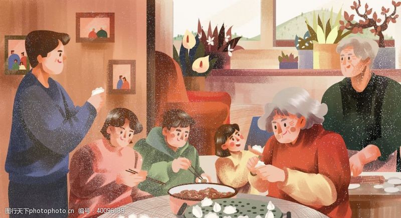 促销庆祝冬至卡通全家包饺子插画图片