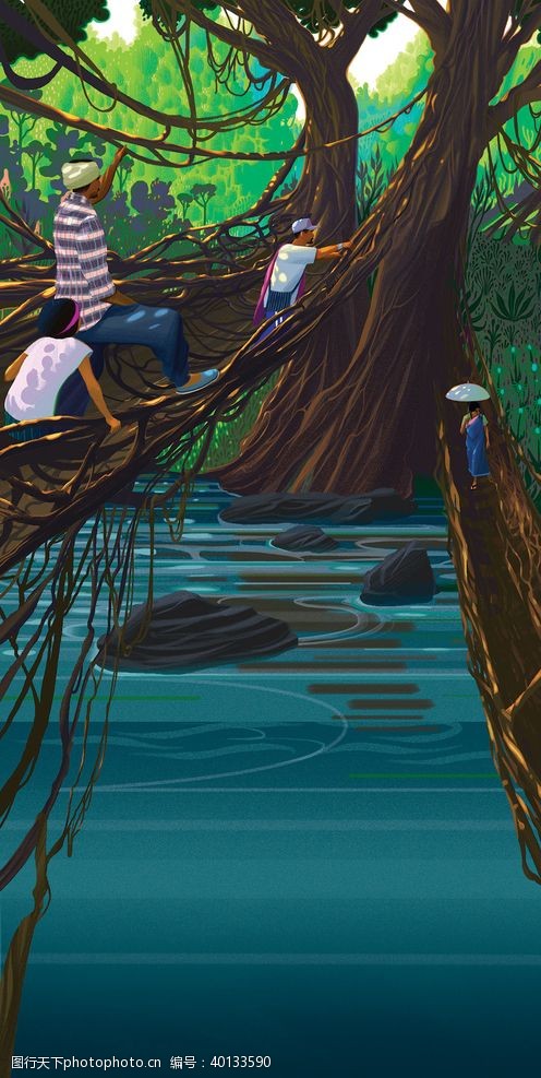 卡通河流森林河流卡通插画场景背景素材图片