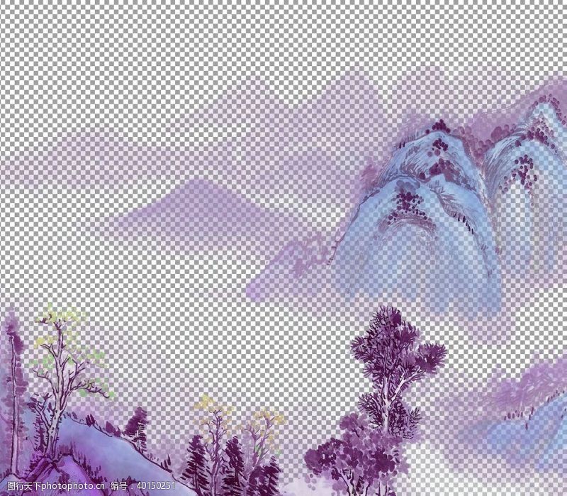 水墨云彩透明底山水画图片