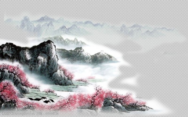 江南水墨中国风透明底山水画图片