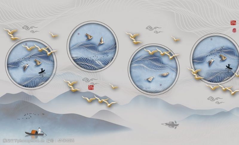 江水新中式山水装饰画图片