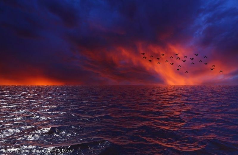 山火夕阳大海图片