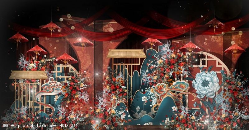 中式牡丹中式婚礼迎宾区效果图图片