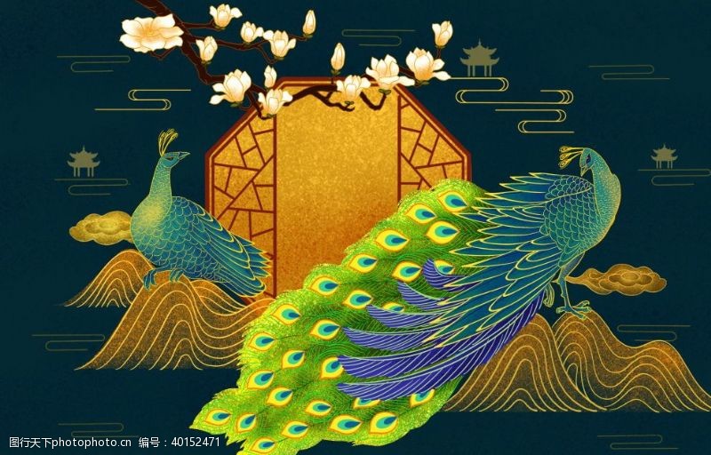 中式文化墙中式奢华孔雀背景墙图片