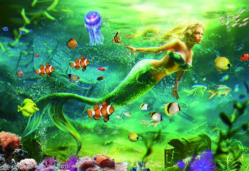 海底风景海底世界美人鱼壁纸装饰画背景图片