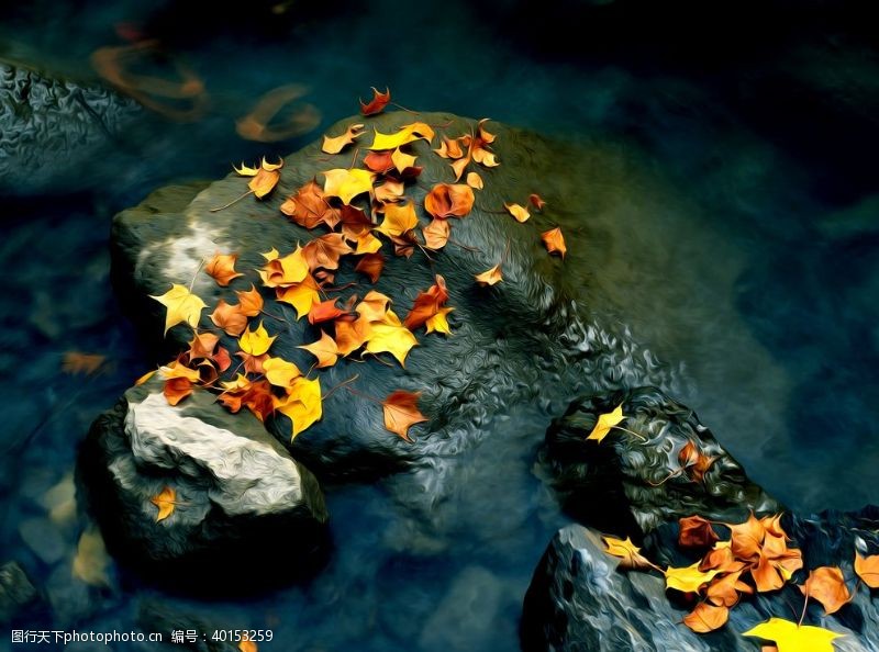 绿色树叶河流岩石落叶风景油画图片