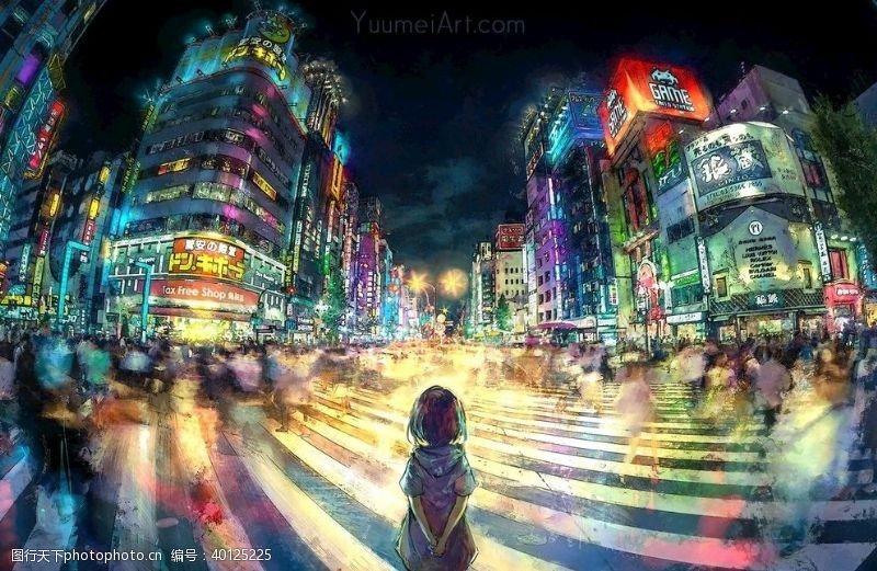 灯片街道灯光风景手绘二次元图片