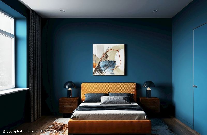 北欧蓝色墙纸卧室展示图片