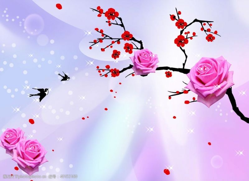 玫瑰色背景梦幻玫瑰梅花燕子图图片