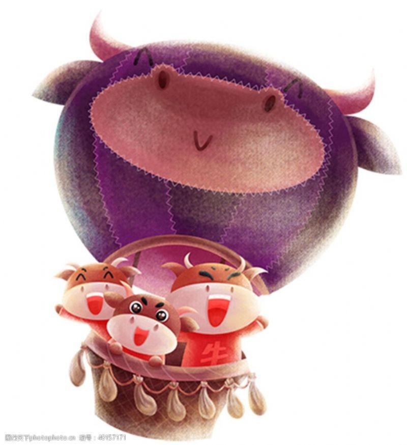 卡通热气球牛全家福图片