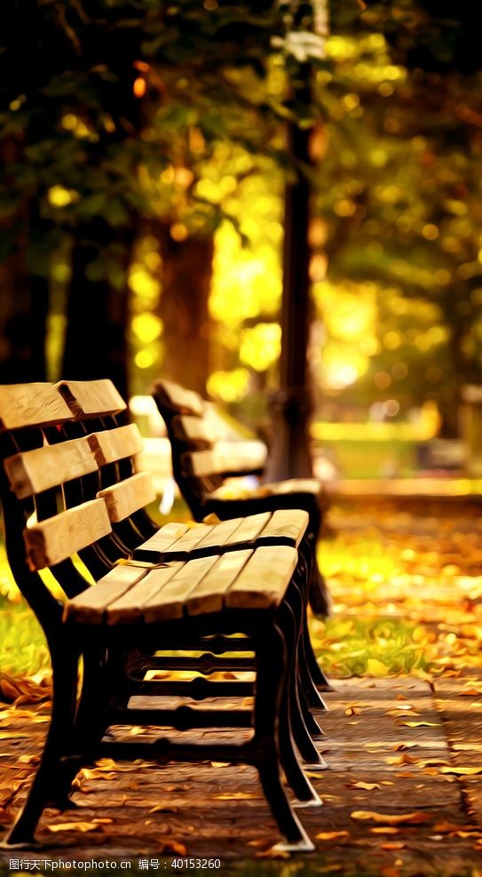 绿色背景秋日树阴座椅风景油画图片