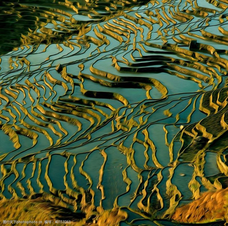 绿地梯田风景油画图片