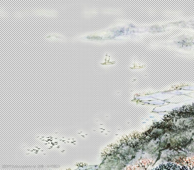 江南水乡透明底山水画图片