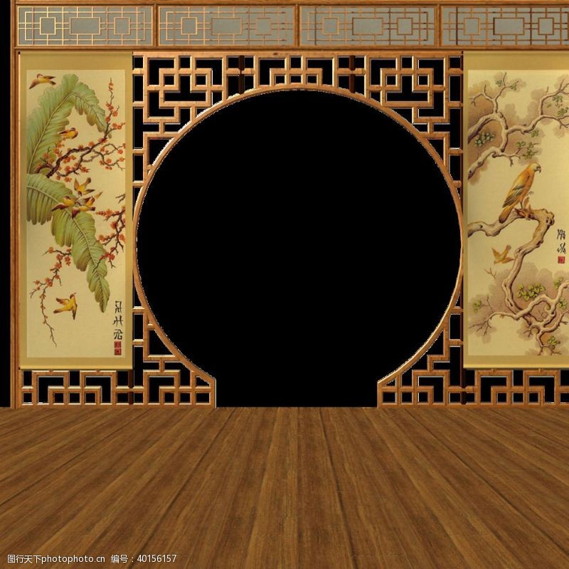 古建边框圆形屏风中国风木地板图片
