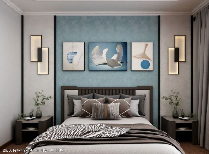 新中式家装图床头背景墙图片