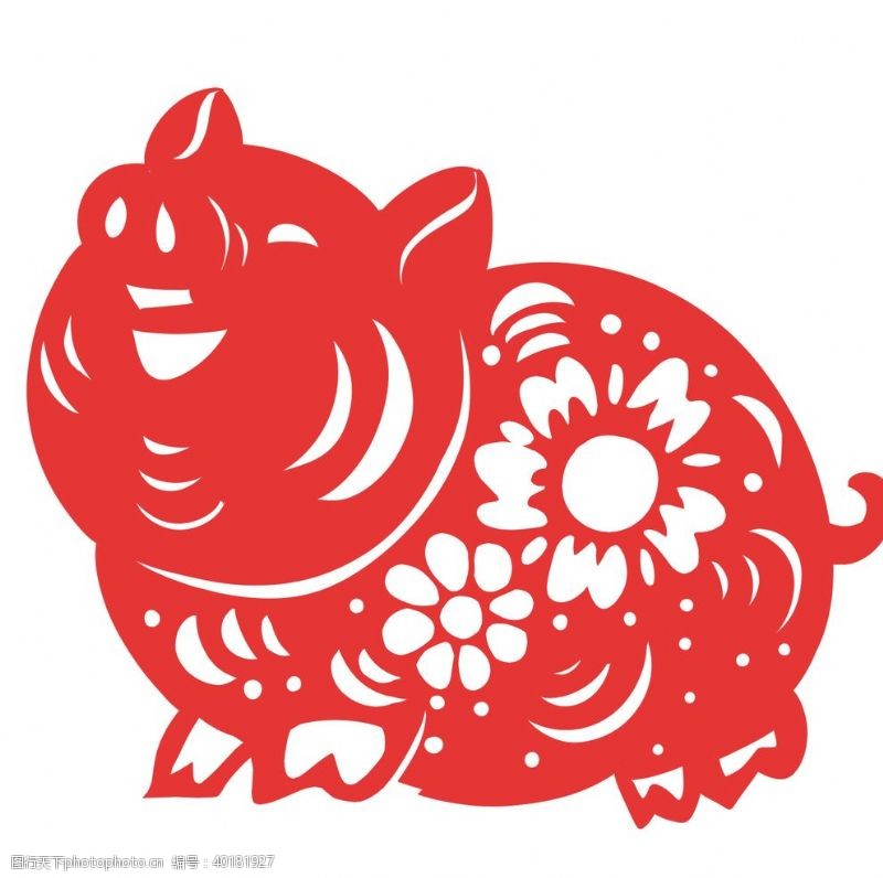猪年素材简洁中国传统红色剪纸窗花小花猪图片