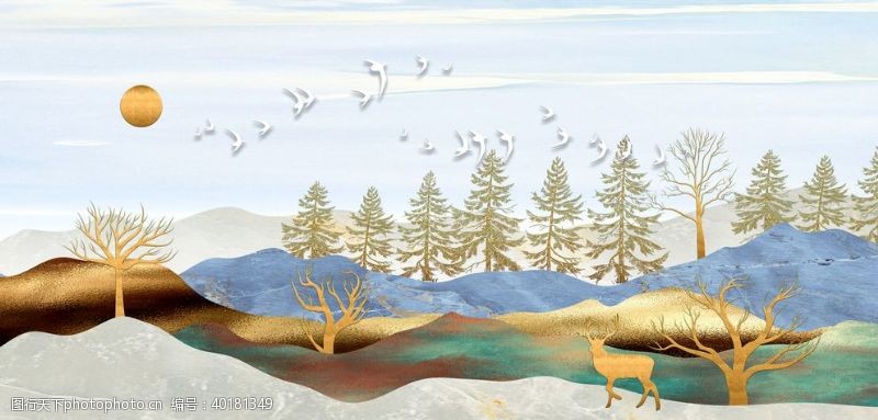 水墨挂画轻奢麋鹿山水装饰画图片
