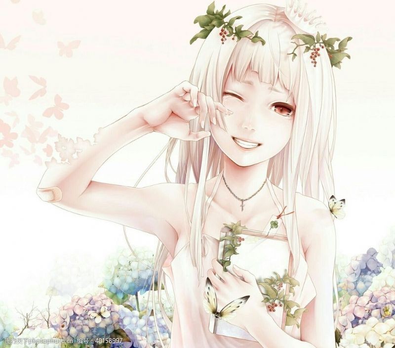 复古花卉背景二次元动漫性感美女少女唯美妹子图片
