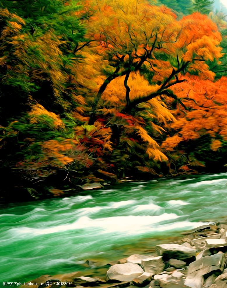 秋天枫林山水风景油画图片