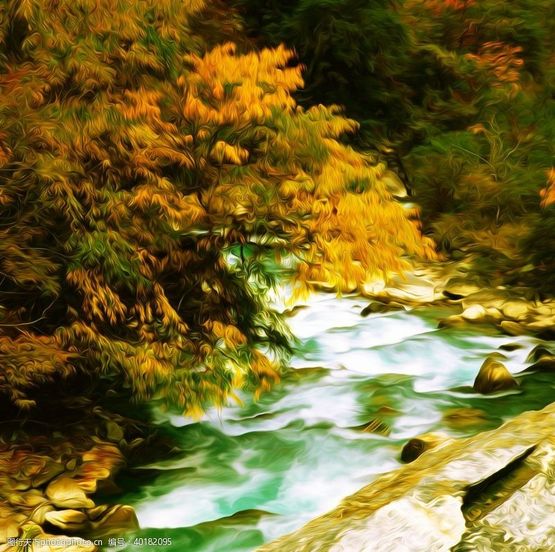秋天插图山水风景油画图片
