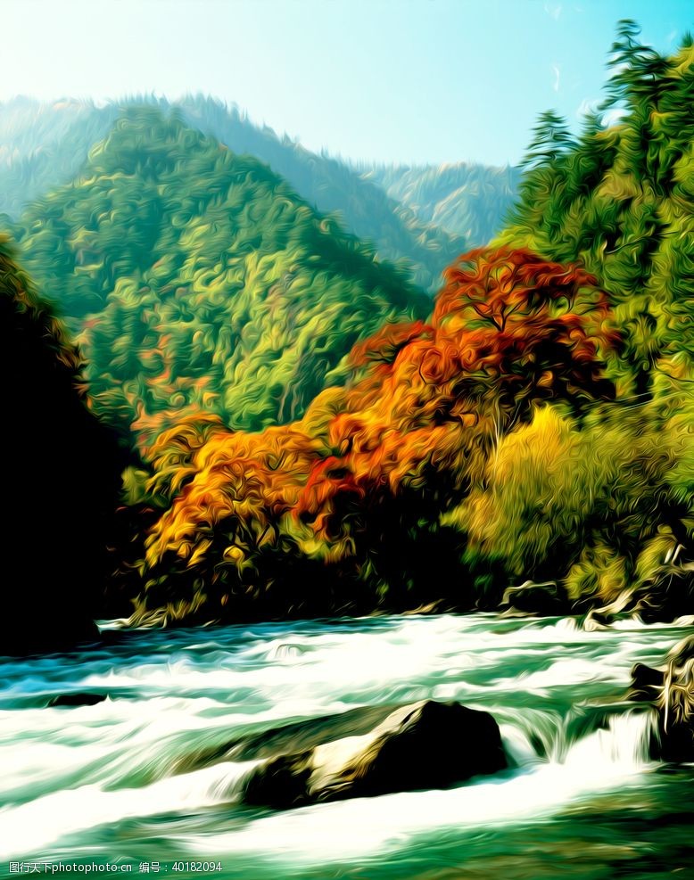 原生态山水风景油画岩石树阴秋图片